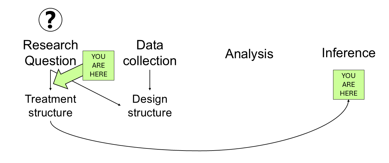 Mindmap of the analysis of a designed experiment, from the inception to the end conclusions